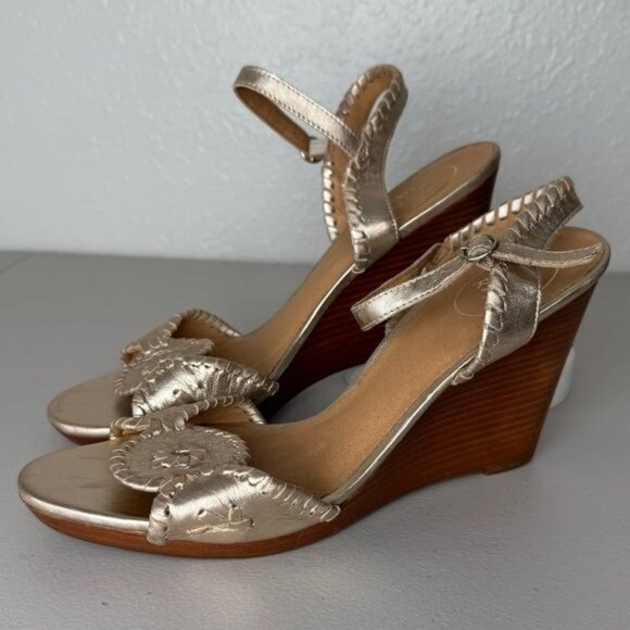Jack Rogers Luccia stardust gold wedge heeled sandals ankle strap 10 - Picture 1 of 11